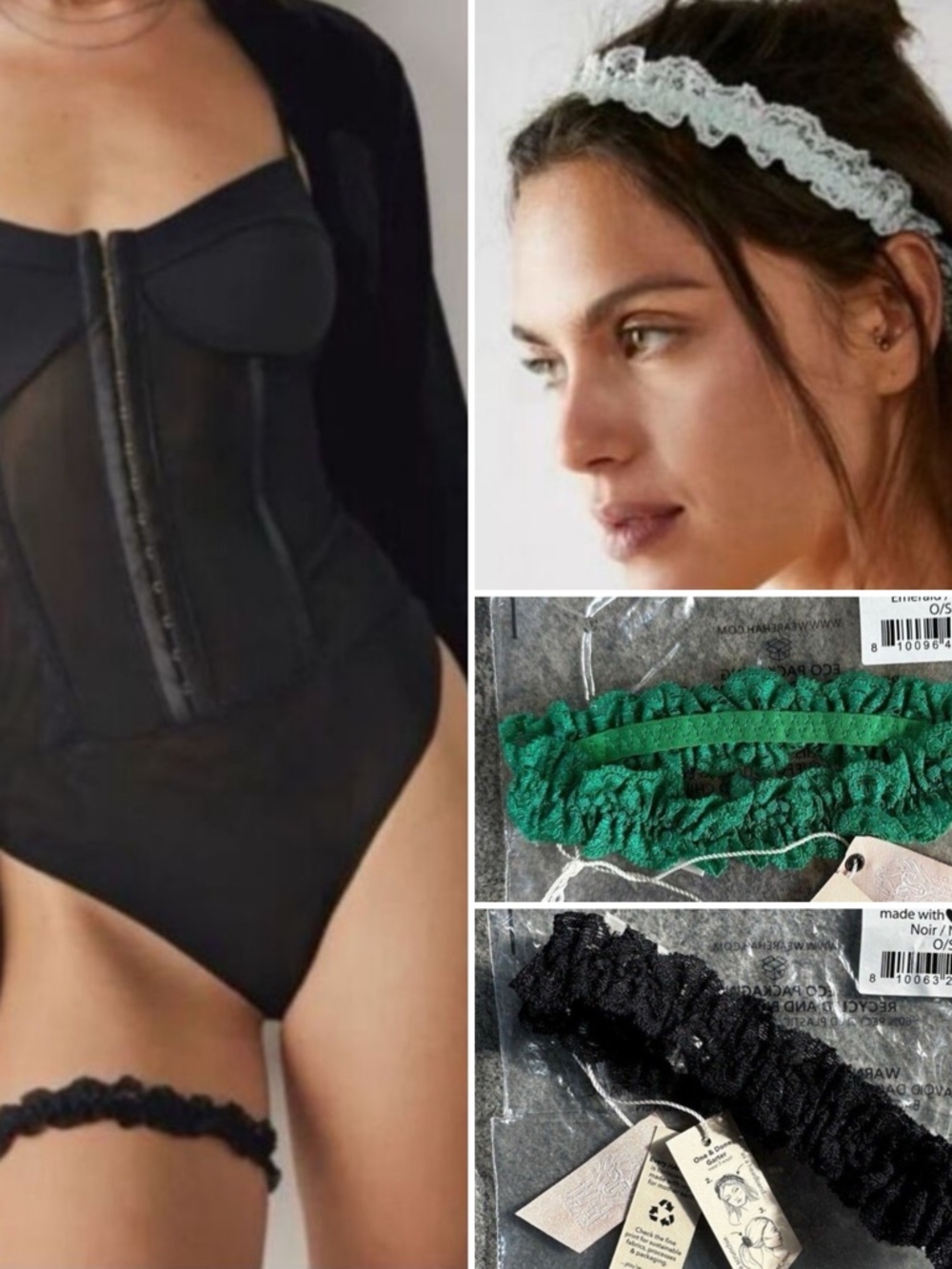 Lot of 2 Free People X We Are HAH Garter- Scrunchie- Headband- Green & Black